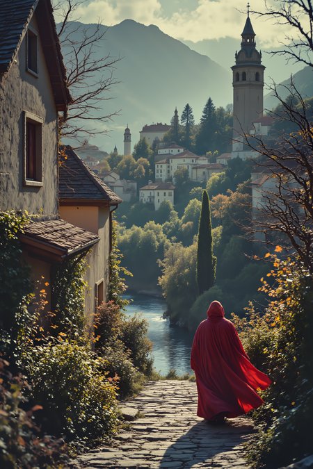 a nice village with a river access and a tower. A closeup of mysterious man in red cloak passing stealthy in the streets. , detailed background  Fantastic lighting. Detailed shadows.intricate details, vivid colors, hyper-detailed, ultra-sharp, High resolution, high detail. Highly detailed. <lora:OBæç«å¾äººåæå½±Instant camera portrait photography V2.0:1.0>, <lora:Dark side of light:0.55>, <lora:aidmaFLUXPro1.1-FLUX-v0.3:1.0>, <lora:Glitchcore_Flux:0.8>,