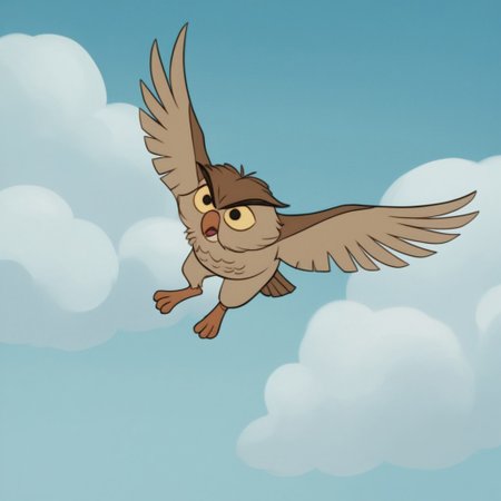 score_9, score_8_up, score_7_up, score_6_up, score_5_up, score_4_up, source_furry, Archimedesowl, feral, male, owl, brown feathers, yellow sclera, black eyes, flying, sky, clouds