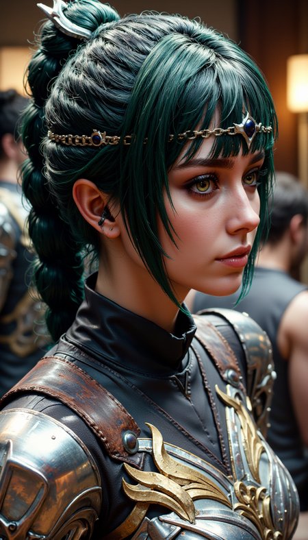 A female character rendered in a Realism art style. A medium shot view of this highly detailed young woman with fantasy aesthetic. Meticulous attention to textures and lighting. subject has fair, smooth complexion hint freckles, pointy ears, large, expressive pink eyes. Her green hair styled high ponytail thick braid, adorned silver crown-like headpiece that features intricate, ornate designs. crown focal point, adding regal otherworldly touch her appearance.
The woman is doing a Playing activity in a weather control station location.
She wears dark, high-necked garment metallic, shoulder armor slightly worn, weathered look, suggesting character history adventure or battle. intricately sharp, angular edges rivets, giving it rugged yet elegant appearance. enhancing three-dimensional effect. blend realism, capturing both delicate beauty warrior spirit subject.