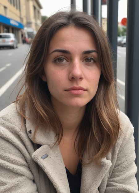 photo of an ((italian)) 28 y.o. cute woman bored, waiting for the bus, casual clothing, very tired, deep skin pores, deep wrinkles, posted on reddit/snapchat in 2018