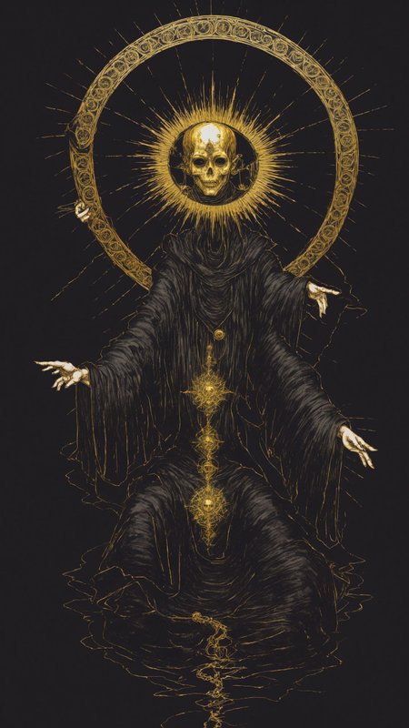 <lora:DarkInkAI:1> DarkInkAI, a gothic scribe, floating, radiating power, gold ink, inksketch