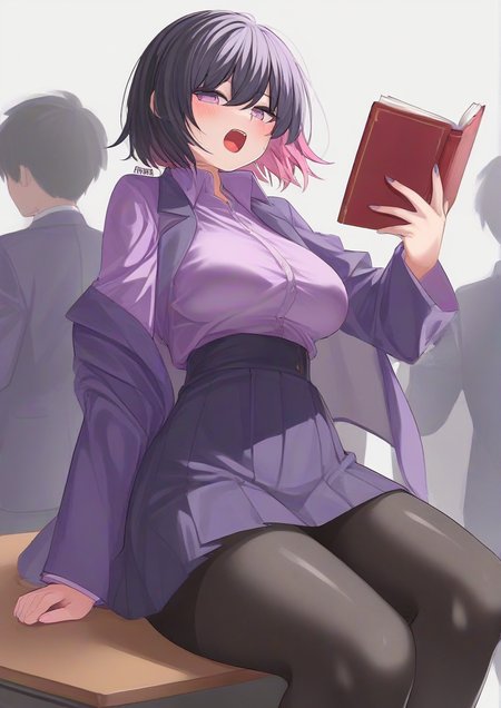 1girl,arm support, black hair, black legwear, blazer, book, breasts, high-waist skirt, holding, holding book, jacket, large breasts, long sleeves, looking away, open mouth, pantyhose, purple jacket, purple skirt, sitting, sitting on table, skirt, table, teacher, thick thighs, thighs<lora:RIRUA:1>