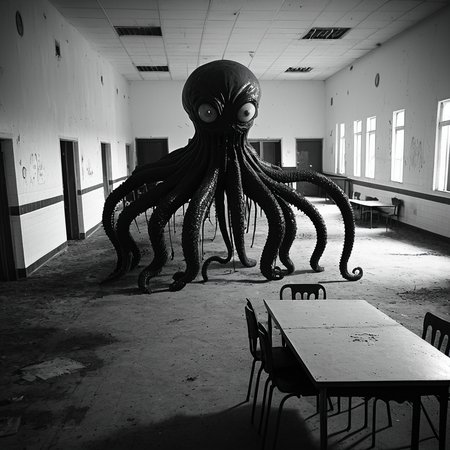 horrorcctvlora, abandoned school, horror (theme), monster, tentacles, monochrome, hiding tables
