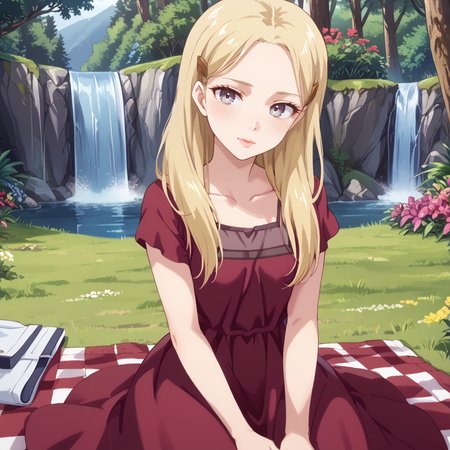 (solo), beautiful, vibrant colors, forest opening, small waterfall, sunshine, flowers, sitting on a picnic blanket, light blush, light smile, head tilt,   1girl,   <lora:polina-livinskaya-s1-ponyxl-lora-nochekaiser:1> polina livinskaya, long hair, blonde hair, hair ornament, hairclip, grey eyes, forehead, dress, collarbone, short sleeves, red dress,  <lora:Toraisi666P:0.6> Toraisi666P