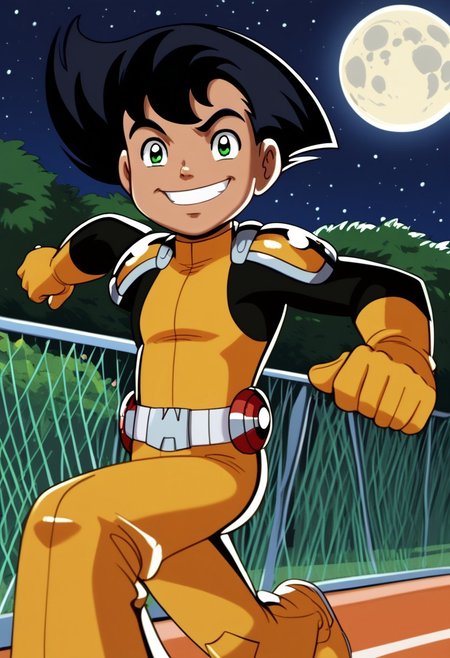 score_9, score_8_up, score_7_up, highly detailed, CuteCartoonStyle, cute boy, 1boy, solo,  Tony_Clark, Black Hair, Green Eyes, Dark Skin, Yellow Bodysuit, Yellow Gloves, Yellow Pauldrons, Yellow Boots, Belt,  at night, full moon, running, motion blur, smug smile, park
DSCStyle, round eyes, exaggerated proportions, cartoonish features, anime-inspired, cute aesthetics, cartoonish proportions, highlights,smooth lines, glossy highlights, minimal detail, clean outlines, consistent line weight, gentle highlights