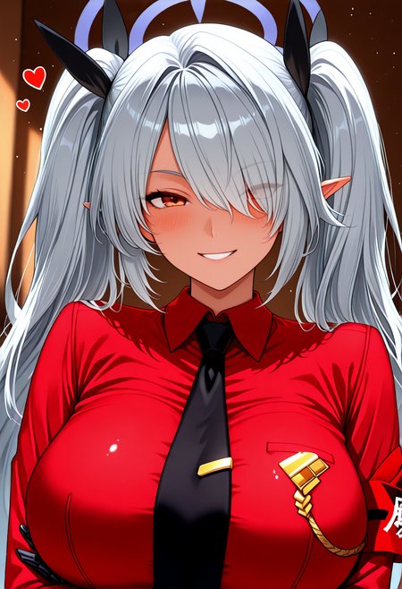 <lora:NOOB_vp1_detailer_by_volnovik_v1:1> <lora:TrendCraft_The_Peoples_Style_Detailer-v1.0A-3_13_2025-NoobVPRED:1> masterpiece, best quality, newest, absurdres, highres,detailed_background,indoors,looking at viewer,hair ribbon,absurdres,long hair,cup,eyes visible through hair,happy,buttons,grey hair,orange eyes,collared shirt,blush,twintails,shirt,blue archive,solo,1girl,iori \(blue archive\),school uniform,hair over one eye,1boy,crossed arms,cyborg 009,shimamura joe,smile,red armband,black necktie,scarf,heart,genderswap,single hair intake,black ribbon,pointy ears,cyborg,kimagurain,halo,breasts,open mouth