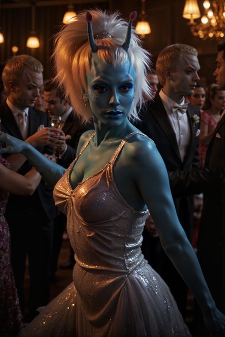 A hyper-realistic portrait, photorealistic photo close-up image of  In a lively, jazz-filled speakeasy, an Andorian woman with a sleek, silver ponytail dances wildly in a shimmering, fringed dress that sparkles under the soft amber lights. Her blue skin glows faintly in the dim room, her movements full of energy and grace as she twirls to the rhythm of the live band playing on stage. Around her, humans in elegant suits and flapper dresses dance and laugh, the air thick with the sound of clinking glasses and lively conversation. Her antennae sway in time with the music, and a wide, carefree smile spreads across her face as she links arms with two of her friends, spinning in a joyful circle. A waiter passes by with a tray of champagne, and without missing a beat, she grabs a glass mid-dance, taking a quick sip before rejoining the dance floor. Her ponytail swings wildly with each move, and as the music hits a crescendo, she leaps into the air, her dress and hair catching the light in a dazzling display. The night is young, and the atmosphere is electric with excitement and laughter. (photography, high-resolution, dynamic, energetic,hyper-realistic, dramatic lighting, shallow depth of field.), detailmaximizer, MythP0rt<lora:midjourney_whisper_flux_lora_v01:0.55><lora:aidmaMJ6.1-FLUX-V0.1:0.4><lora:FluxMythP0rtr4itStyle:0.4><lora:detailed_flux_ntc:2.2><lora:aidmaImageUpgrader-FLUX-V0.1:0.65><lora:andorian_FLUX>