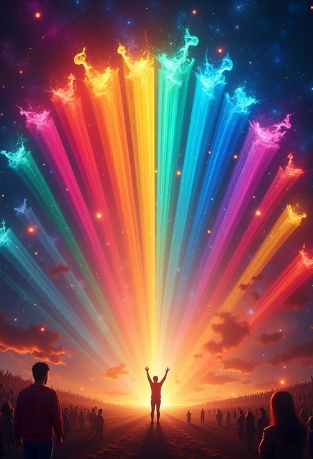 Cinematic still, "The symphony of rainbows, a chorus of colors, celebrating the diversity of the human spirit.", superhero symbolism, cinema, 
PsyDreamer, aidmaimageupgrader
