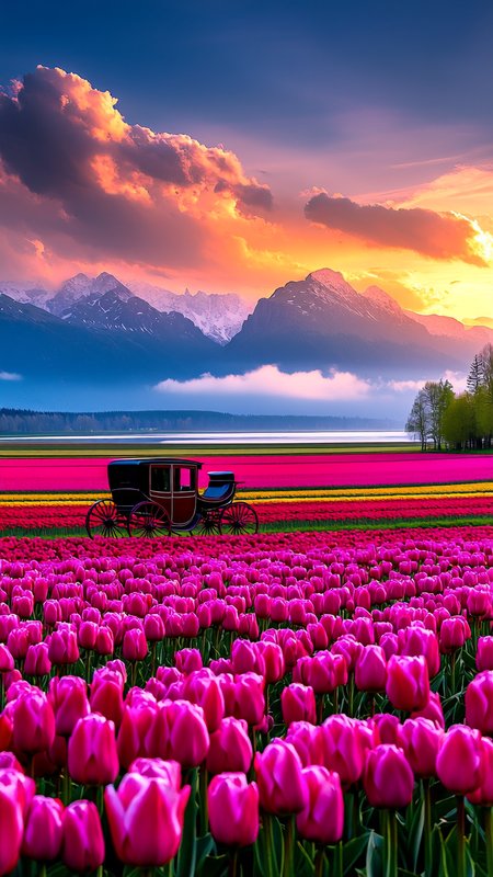 The image depicts a picturesque scene with a vintage horse-drawn carriage positioned in the middle of a vibrant field of pink tulips. The tulip field stretches out towards the horizon, creating a sea of pink that is both visually striking and serene. The field is bordered by a line of trees on the right side, which adds depth to the scene. In the middle ground is a lake obscured by fog and low clouds. In the background, there are majestic mountains, partially covered with snow, which add a sense of grandeur and natural beauty to the image. The sky above is a stunning gradient of colors, transitioning from a deep blue at the top to warm hues of orange and pink near the horizon, suggesting that the scene is captured during either sunrise or sunset. The clouds in the sky are fluffy and dramatic, adding to the overall ethereal quality of the scene. The light from the sun casts a soft glow over the landscape, enhancing the colors and creating a tranquil and romantic atmosphere. The horse-drawn carriage, with its classic design and dark color, stands out against the bright pink tulips and the colorful sky. It appears to be stationary, adding a sense of stillness and timelessness to the image.