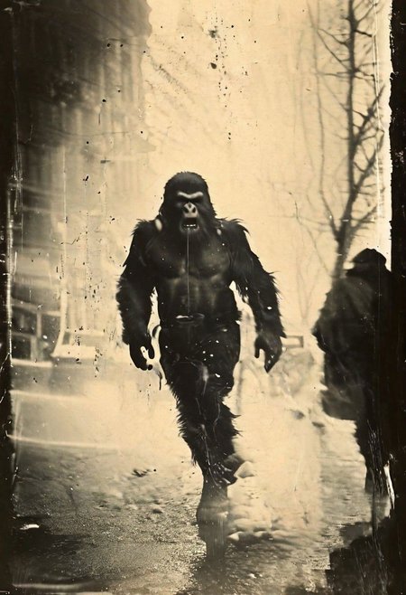 B&W 35mm vintage street photo of Bigfoot running down the streets of NY     <lora:Vintage_Street_Photo:1.0>