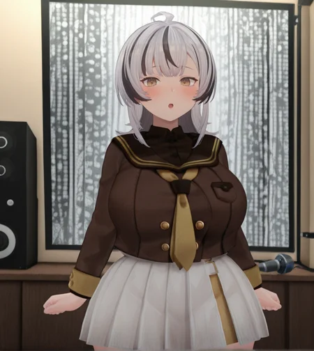 1girl, wild hips, huge breasts, blush, breasts, cowboy shot, draph, looking at viewer, open mouth, solo, standing, tareme, karaoke box, interior, microphone, screen,
ãã§ã¦ è©¦ç,short hair,
ahoge,parted bangs,
two tone hair,black hair,white hair,
long sidelocks,
gold eyes,
brown serafuku,sailor collar,yellow necktie,
white skirt,pleated skirt,
loafers,black shoes,
intricate details,detailed background,
<lora:noobaiXLNAIXL_epsilonPred11Version-lora:0.11> <lora:Curve slider IXL2_alpha16.0_rank32_full_last:2>   <lora:anatomy_helper:1>  <lora:ChamIllustriousBackgroundEnhancer:1> <lora:ãã§ã¦_è©¦çvrchat:0.8>