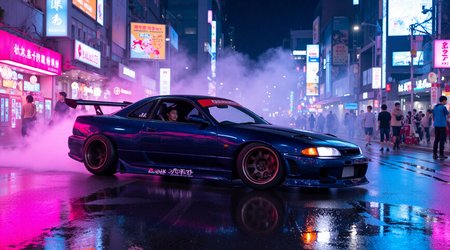 A sleek JDM sports car drifting through a neon-lit Tokyo street at night.
Rain-soaked asphalt reflecting vibrant pink and blue city lights. Detailed body kit, lowered stance, wide tires, glowing underglow lights. Japanese signs and vending machines in the background, cinematic angle with motion blur, tire smoke, ultra-detailed reflections.
8K resolution, sharp focus on the car, high dynamic range lighting, inspired by Initial D and Tokyo street racing culture
