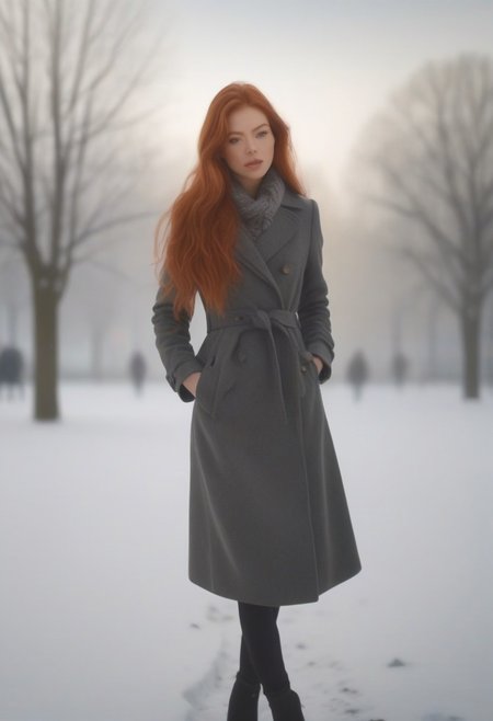 em5588, best illustration, illustration, masterpiece, best quality, ultra-detailed, photo of beautiful woman ,seductive, red hair. coat  ,in the park, spring, snow  ,  masterpiece) (best quality) (detailed) (8k) (HDR) (wallpaper) (cinematic lighting) (sharp focus) (intricate)