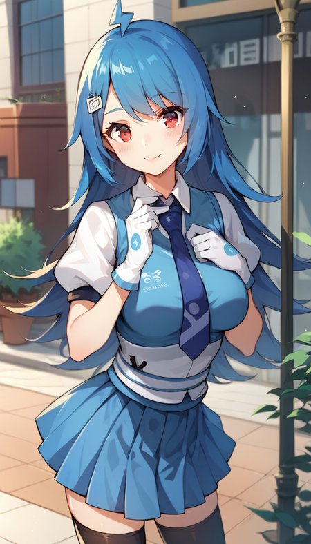 score_9,score_8_up,score_7_up,score_6_up BREAK official art,solo,outdoors,upper body,(portrait:1.5),looking at viewer,facing viewer,smile,blush,22,ahoge,long hair,blue hair,hair ornament,hairclip,bangs,red eyes,blue vest,blue necktie,white shirt,collared shirt,puffy short sleeves,white gloves,medium breasts,miniskirt,blue skirt,pleated skirt,zettai ryouiki,black thighhighs,loafers,black footwear,<lora:22 Niang(bilibili)-Pony:1.5>,