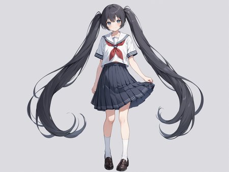 masterpiece,ultra-detailed,best quality,8K,illustration,cute face,clean skin ,shiny hair,girl,ultra-detailed-eyes,simple background, <lora:add-detail-xl:1> <lora:long twintail_XL_V1.0:1> twintails, very long hair,school uniform,full body