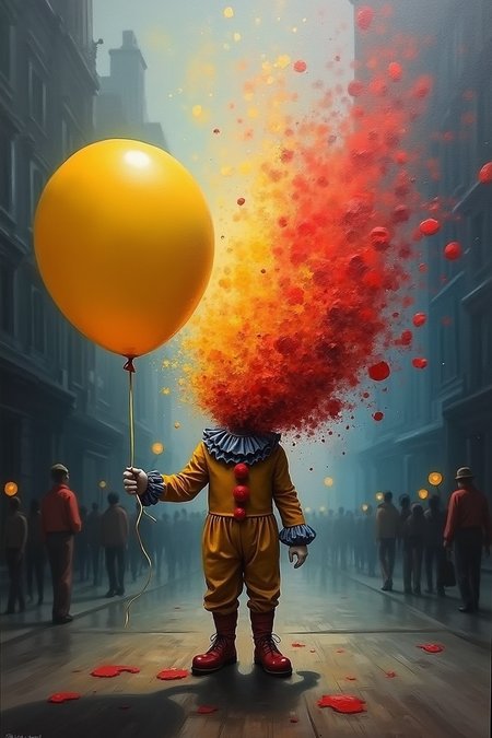 Foreground: A single, oversized, brightly coloured but slightly deflated balloon, partially obscuring the view. Middle ground: A whirling, abstract mass of colours - reds, yellows, blues - constantly shifting and refracting, the main subject. Background: A blurred, dark, and indistinct cityscape, suggesting a busy world that is oblivious to the vibrant chaos in the middle ground. Subject: The whirling mass of colours represents the clown, placed centrally in the middle ground. Style: Impressionistic with a touch of abstract expressionism.