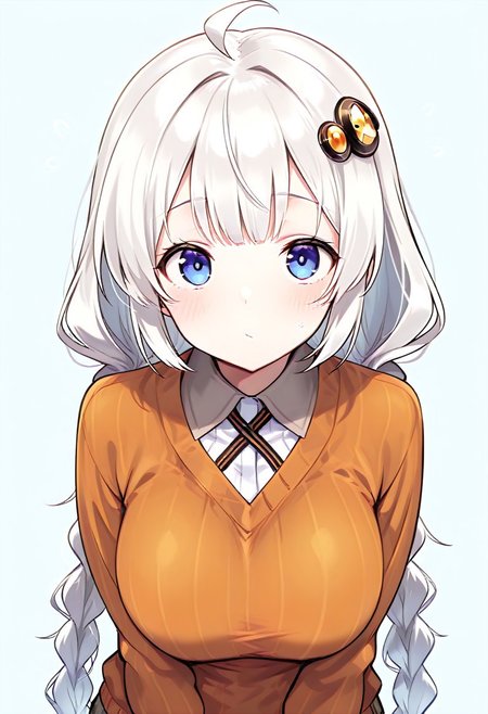 ((((((masterpiece)))))), ((((((best quality)))))), ((((((very aesthetic)))))), ((((((absurdres)))))),  masterpiece, best quality, absurdres, facing viewer, 
1girl, Kizuna Akari, white hair, blue eyes, braid,