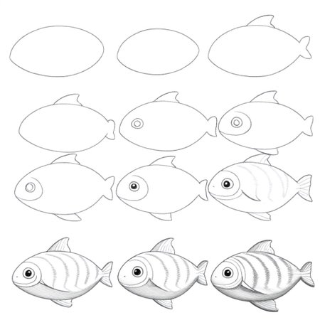 howtodraw, greyscale, drawing, cartoon fish, 6 steps, by Mark Kistler