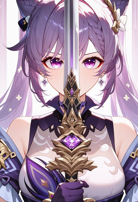 masterpiece, best quality, absurdres, highres, newest, 1girl, solo, <lora:swordsalute-pose-richy-v1_ixl:1>swordup, looking at viewer, close-up, holding sword,  <lora:keqing-gi-richy-v1_ixl:1> kqngdf, purple eyes, purple hair, long hair, twintails, double bun, cone hair bun, braid, hair between eyes, hair ornament, medium breasts, purple choker, neck tassel, purple dress, frills, purple gloves, earrings