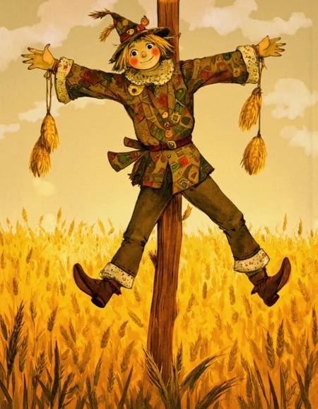 <lora:LV_NEW:1>, Scarecrow hanging on a wooden pole in a golden wheat field, looking cheerful and curious. His patchwork clothes have intricate geometric patterns, and his face is stitched with expressive eyes and a wide smile. Style: Vladimirsky's whimsical character design with warm, earthy tones and a hint of surrealism in the background clouds. Add golden rays of sunlight filtering through the stalks, lighting