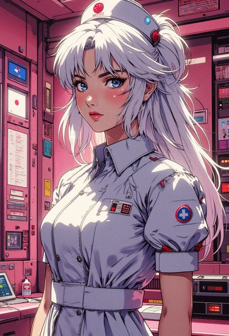 Realism, nurse with white hair, pink office, medical fantasy with details—sparkling skin, lace, bioluminescence, photorealism, ultra-detailed A digital artwork in the style of cknc,