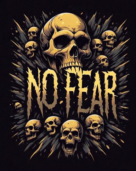 skull t-shirt design, text logo: NO FEAR, flat colors, black background, <lora:Harrlogos_v1.1:1> <lora:last:1>