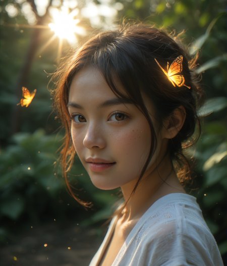 (score_9,score_8_up,score_7_up),
photorealistic, photography, depth of field, immersive lighting, cinematic,
Japanese, asian, monolid, looking at viewer,
dappled sunlight, dynamic pose, turned back, from behind,
glowing embers, glowing butterfly, mist,
sun, sun flare,