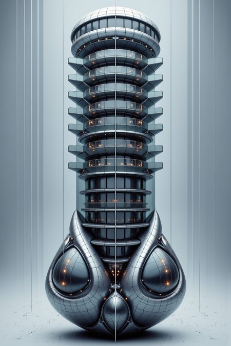 YFG-Ge0m, Sharp photo of a digital illustration of a futuristic building. The building is a tall, cylindrical structure with multiple levels. The top level has a curved roof with multiple windows, while the bottom level has multiple levels with multiple balconies. The balconies are arranged in a grid-like pattern, with each level having a unique design. The building is made up of multiple layers of glass panels, each with a different color and pattern. The glass panels are transparent, allowing the building to be seen from all angles. The panels are connected by thin lines, creating a sense of depth and dimension. The bottom level of the building has a large, angular shape, with a pointed nose and a curved body. The body is made of a shiny, metallic material, and there are several small, circular lights scattered throughout the building, adding a futuristic touch to the design. The background is a grayish-blue color, with streaks of light reflecting off the surface of the floor below. The overall mood of the image is futuristic and futuristic.