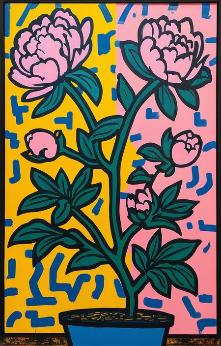 masterpiece,best quality,<lora:tbh164-sdxl:0.9>,illustration,style of Keith Haring, decaying peonies