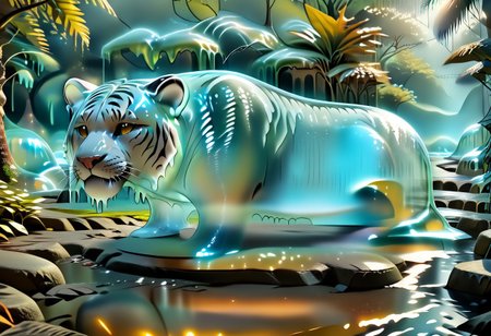 animal_guardian, tiger, a white tiger with black stripes, Tiger made out of slime, slime tiger in a jungle, jungle made out of slime, 
natural light, no bright spots, 
((translucent slime)), ((transparent slime)), made of water, (bioluminescent slime), sl1m3, slime, slime-morph, ais-blmn, saturated colors, no creatures, no humans, no monsters, no pokemon, scenery only, scenery, ral-lava, watce
