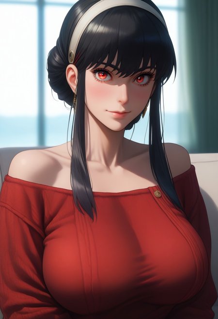 score_9, score_8_up,  score_7_up, source_ANIME,
1girl, solo, detailed eyes,
ceii yyorr, sidelocks, (twin sidelocks), red eyes, black hair, bangs,white hairband, pale skin,  thick sidelocks, long sidelocks, (huge saggy breasts:1.3),
red sweater,  off shoulder, off-shoulder sweater, long sleeves,looking at viewer, 
portrait, (close up), on couch, sitting, window, mint curtains, (white couch),  
blurry background, simple background, 
<lora:yor01Lora05-000017:0.9>
