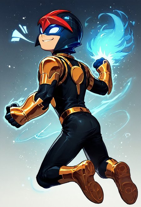 score_9, score_8_up, score_7_up, 1boy, solo, cute boy, Nova, Helmet, Black Bodysuit, Gold Pauldrons, Gold Bracers, Gold Belt, Gold Boots, blue energy aura, fist clenched, arms at side, smug smile, looking back, from behind
