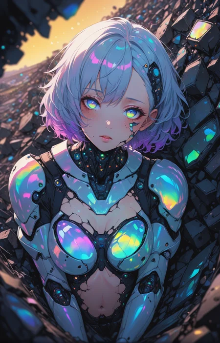 a broken ruined cyborg girl in a landfill, robot, beautiful face, body is broken with scars and holes, laying on the ground, 8K, (dynamic perspective), sharp focus, (depth of field, bokeh:1.3), extremely detailed eyes and face, beautiful detailed eyes, hyperpunk scene, cinematic lighting, reflective transparent iridescent opaque jacket, long transparent iridescent RGB hair, ((masterpiece, best quality)), niji, from above, upper body, navel, sachin teng <lora:IOS_Iridescent_opal_style:0.6>