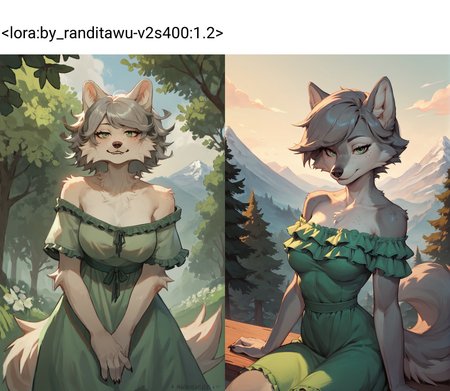 score_9, score_8_up, score_7_up, female, furry, solo, wolf, grey fur, freckles, short grey hair, swept bangs, green eyes, frilled green dress, off shoulder, looking at viewer, bedroom eyes, breasts, trees, mountain, <lora:by_randitawu-v2s400:1.2>