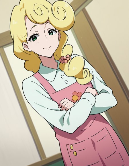 score_9, score_8_up, score_7_up, source_anime, <lora:kaori-hanase-s1-ponyxl-lora-nochekaiser:1>, kaoru hanase, long hair, blonde hair, hair over shoulder, green eyes, curly hair, otoko no ko,, apron, shirt, collared shirt, long sleeves, pink apron, denims, pants,, hotel, rooms, lobby, guests, beds, smile, crossed arms, smug, looking at viewer, solo,, dutch angle, cowboy shot