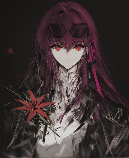 score_9, score_8_up. score_7_up,  <lora:tudasix-000024:1>
1girl, scathach (fate), solo, eyewear on head, purple hair, black background, flower, long hair, spider lily, upper body, sunglasses, red eyes, simple background, closed mouth, bangs, jacket, holding, jewelry