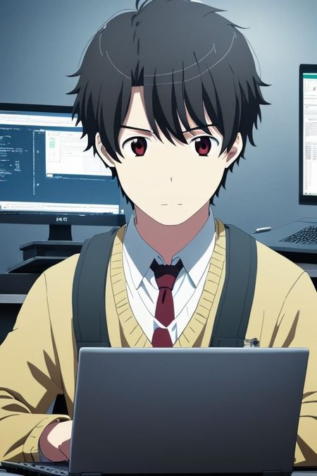 high resolution, solo, best quality, 1Boy, Portrait, Inaho Kaizuka, Black Hair, worker, working, workstation, concentration, focus, laptop,