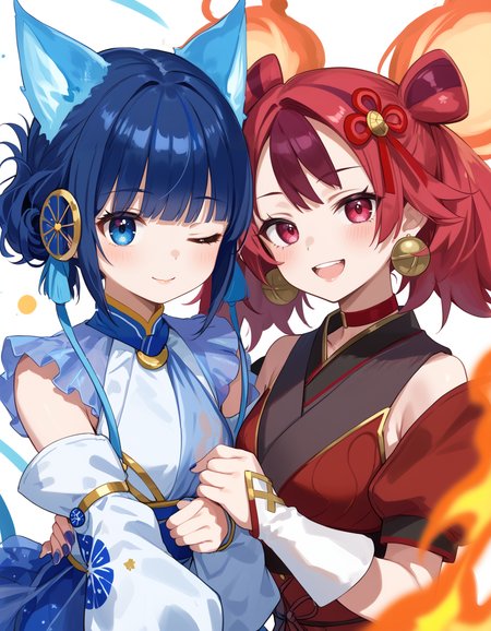 (score_9:0.9),score_8_up,score_7_up,rating_safe,(zPDXL3),2girls,smile,looking at viewer,upper body,simple background,blush,:3,
BREAK nini the mirror mikanko,white detached sleeves,gold hair ornament,blue see-through dress,white crop top,jingle bell,blue nails,closed mouth,one eye closed,water, blue theme
BREAK ha re the sword mikanko,single white detached sleeve,red crop top,red hair bow,bell earrings,red choker,white fingerless gloves,open mouth,red nails,half-closed eyes,upper teeth only,fire, red theme,<lora:Ha Re the sword mikanko & Nini the Mirror Mikanko ponyXL v1:0.76>,