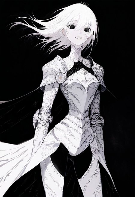 solo, looking at viewer, black eyes, black background, 1girl, long white hair, extremely pale skin, smiling, white and black armor, masterpiece,best quality,very aesthetic,absurdres
 <lora:monfornoob:0.95>