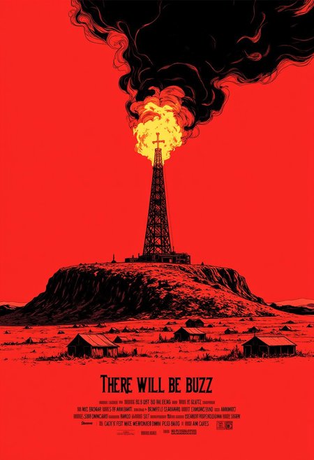 Inkpunk Anime, inksketch movie poster in red and black, for the film ‘There Will Be Blood’. An image of an oil derrick on fire circa 1911, on the crest of a hill, the way the light hits the flaming derrick gives it a crucifix-like appearance, a scattering of ramshackle tents along the field under the hill, canyon, thick black smoke billowing into the sky. Along the bottom of the image in the font from the original film display the text: “There Will Be Buzz”