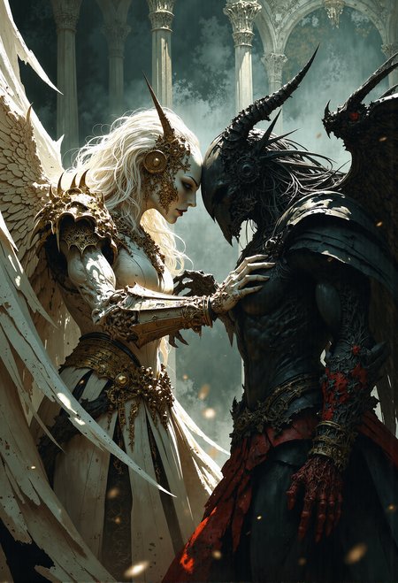 cinematic photo . art by Ben Templesmith and Krenz Cushart, close-up action scene, dynamic, epic battle between good and evil, surrounding each other, battle dance, white angle with wings and crystal sword versus black demon entity with bloody claws. <lora:- Flux1 - vanta_black_V1.0.safetensors:0.66>,  <lora:FluxMythP0rtr4itStyle.safetensors:0.5>,  <lora:Elden_Ring_-_Yoshitaka_Amano.safetensors:1.0>,  <lora:Luminous_Shadowscape-000016.safetensors:0.1>,  . 35mm photograph, film, bokeh, professional, 4k, highly detailed
