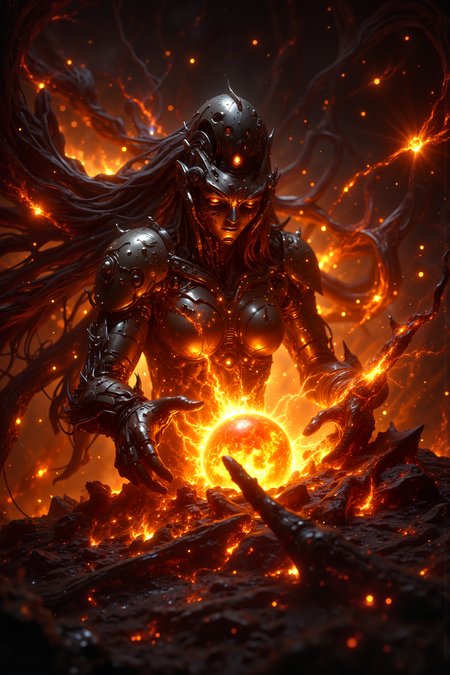 portrait close-up image of On the surface of a dying star, a stellar engineer with a body of living metal and flame works tirelessly to reignite the cosmic furnace. Her hands, each finger a specialized tool, dive deep into the star's core, manipulating forces beyond mortal comprehension. Orbiting around her, a swarm of nanobots forms the shape of a face, its expression one of deep concern as it monitors the star's fading vitals. Solar flares erupt around them, each one weaker than the last, bathing the scene in a fading orange glow. The vacuum of space presses in from all sides, held at bay only by the engineer's determination. Distant galaxies watch impassively, their light taking eons to reach this moment of cosmic crisis. It's a portrait of desperation and hope on a stellar scale, where the fate of entire solar systems hangs in the balance.<lora:DnDDarkestFantasy:0.5><lora:FluxMythP0rtr4itStyle:0.75><lora:Dever_Flux_Enhancer:0.5><lora:Aura_Flux-000010:0.6>