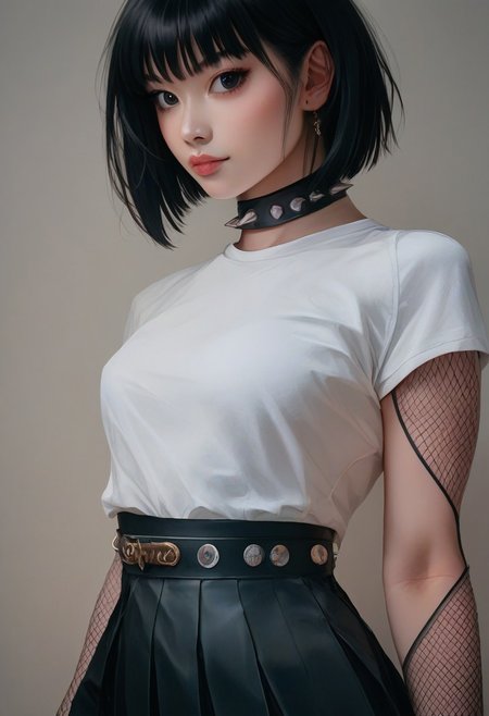 score_9, score_8_up, score_7_up, score_6_up,1girl, cowboy shot, white shirt, sleevelees, thick thights, asian, slim body, slutty black hair, bob cut, black eyes, realistic, pleated skirt, large belt, fishnet thighthighs, spiked bracellet, simple shoes, thight tatto, upper body, poker face,