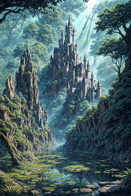 (beautiful fantasy landscape), ((very detailed)), sharp focus, big rock, (water ripples) reflections, magic castle,  river (pond), forest, (((elf fairy:0.3) village)), stunning nature aquatic environment, enchanted land, (bright sunny sky), (high contrast), cinematic (lights), backlight, (shadows), lens flare, vibrant colors, colorful, [French Gray flowers] and leaves, (pretty), (beautiful), (lovely), <lora:Detail Tweaker LoRA add_detail:1><lora:depth_of_field_slider_v1:5> <lora:SDXLrender_v2.0:1>