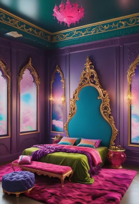 Light mood masterpiece photography, realistic, realistic photograph, inside bedroom, gaudy, Lisa Frank inspired, Lisa Frank colors, fancy headboard, neon orange wooden bedframe, maximalism, green and blue and pink, purple, in bedroom, soft rug, neon rug, bedroom like bedroom from Howl's Moving Castle, vanity, beanbags, framed pictures of castles on wall, stained glass windows, chandelier, crystal chandelier, bunk bed, castle bunk bed, castle bunk bed with stairs going up to top bunk