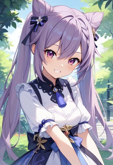 score_9, score_8_up, score_7_up, source_anime, best quality, masterpiece, 1girl, solo, smile. outdoors,
keqingcs, purple hair, cone hair bun, purple eyes, long hair, double bun, braid, twintails,