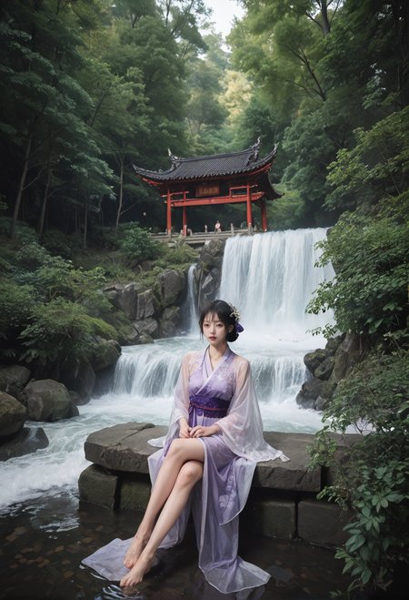 ,ruanyi0824,outdoors,forest,waterfall,east asian architecture,
in water,,ruanyi0752,hanfu,purple dress,see-through,wide sleeves,sitting,<lora:0824 building in forest_v1_pony:1>,<lora:0752 Wisteria butterfly hanfu_v1_pony:0.7>, score_9,score_8_up,score_7_up,,8k,1girl,solo,,