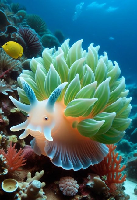 happy cow in the shape of a sea snail, tilted, glowing,translucent Subsurface Scattering ,at the bottom of the coral reef,aquatic vegetation,shells,underwater, 8k, leafsheep