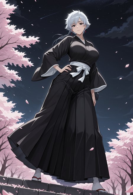 masterpiece, best quality, highres, absurdres, very awa, 1girl, solo, is4ne, silver hair, short hair with long locks, large breasts, earrings, , petals, outdoors, contrapposto, legs apart, head tilt, dutch angle, black eyes, black kimono, wide sleeves, white sash, black hakama, cherry blossoms, branch, night, night sky, standing, full body, looking at viewer, hand on own hip, arm at side, light smile, closed mouth