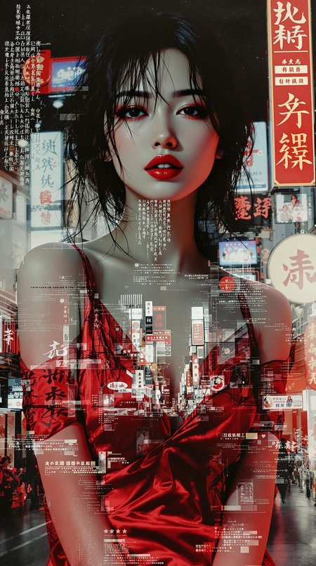 photorealistic poster ink art, double exposure image, the first image positioned at the bottom, featuring a closeup portrait of a beautiful oriental women wearing a short red dress, disheveled hair, bare shoulders, slightly parted lips, detailed fabric, [masterpiece], [best quality], chiascuro, below a scene of a night Chinatown city vista with video advertising screens, neon Kanji signs, disheveled hair, bare shoulders, slightly parted lips, detailed fabric, [masterpiece], [best quality], chiascuro